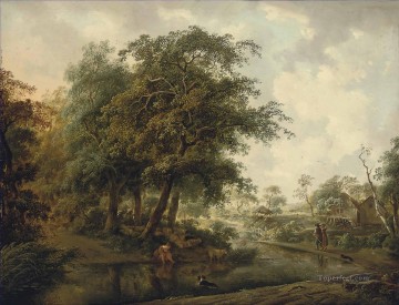 フィリップ・ライナグル Painting - 森に覆われた川の風景 線路を進む旅人 岸辺の羊飼いとその群れ フィリップ・ライナグル